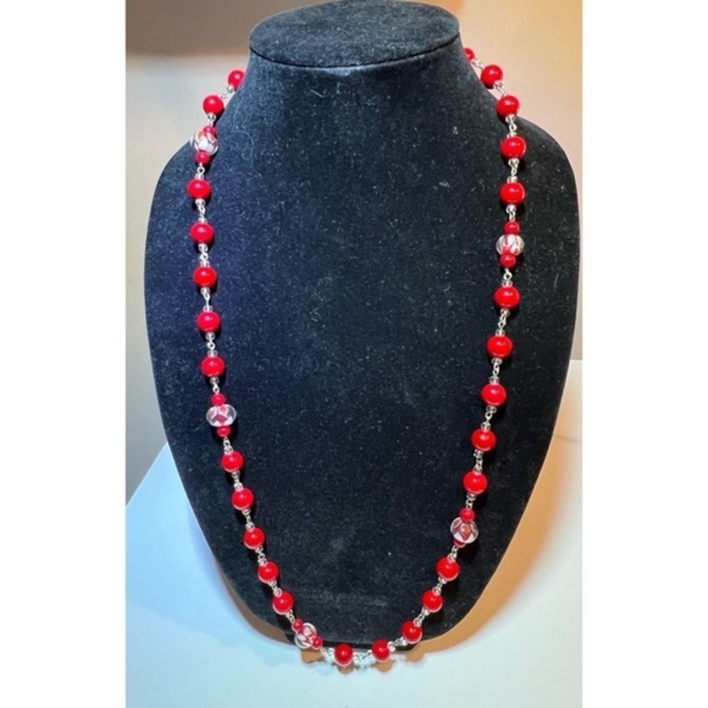 Red and white 30" beaded necklace and 8" bracelet. #164